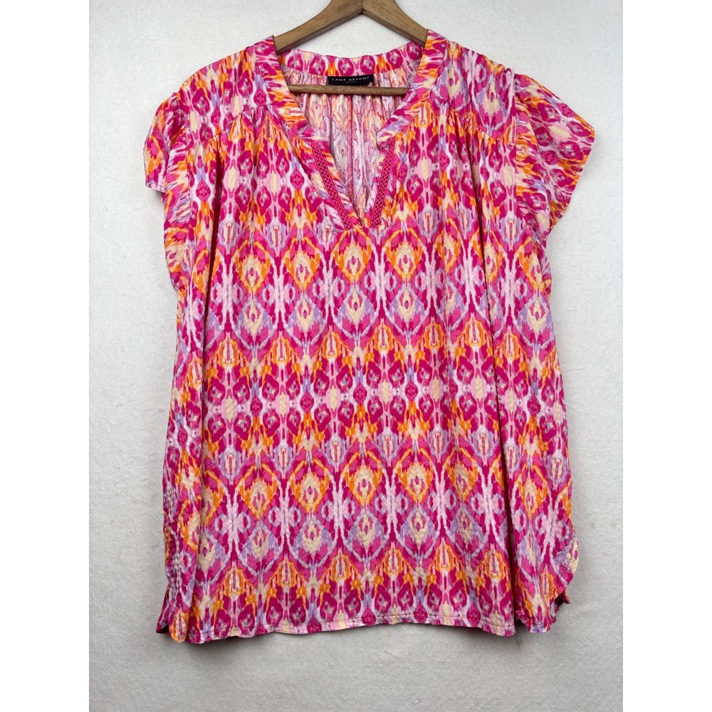 Lane Bryant‎ Ikat Blouse Womens 26 28 Split Neck Flutter Sleeve Boho Top